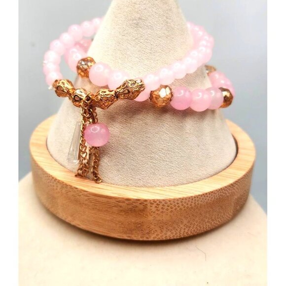 Pink Blush Quartz Beaded Bracelet With Gold Tone Bead Accents - Picture 4 of 5